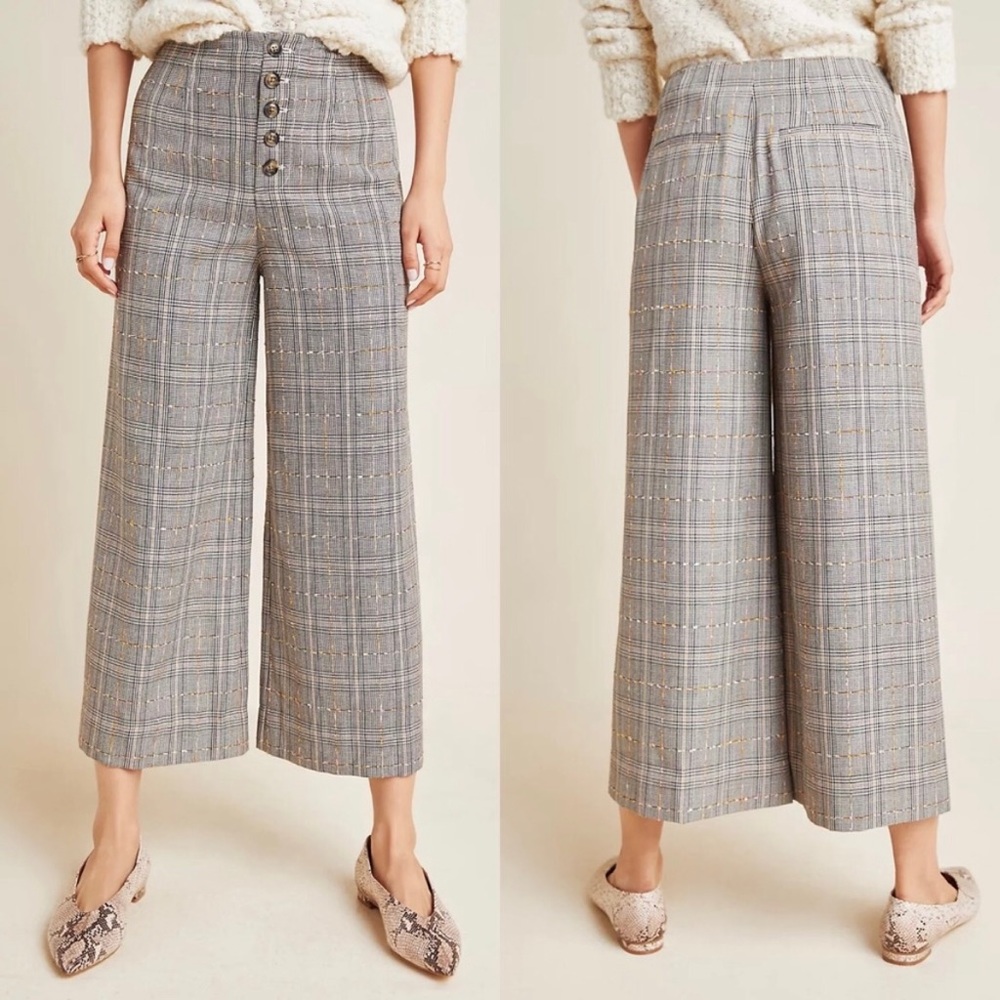 Anthropologie Roma Plaid Button Fly Wide Leg Drop Trousers